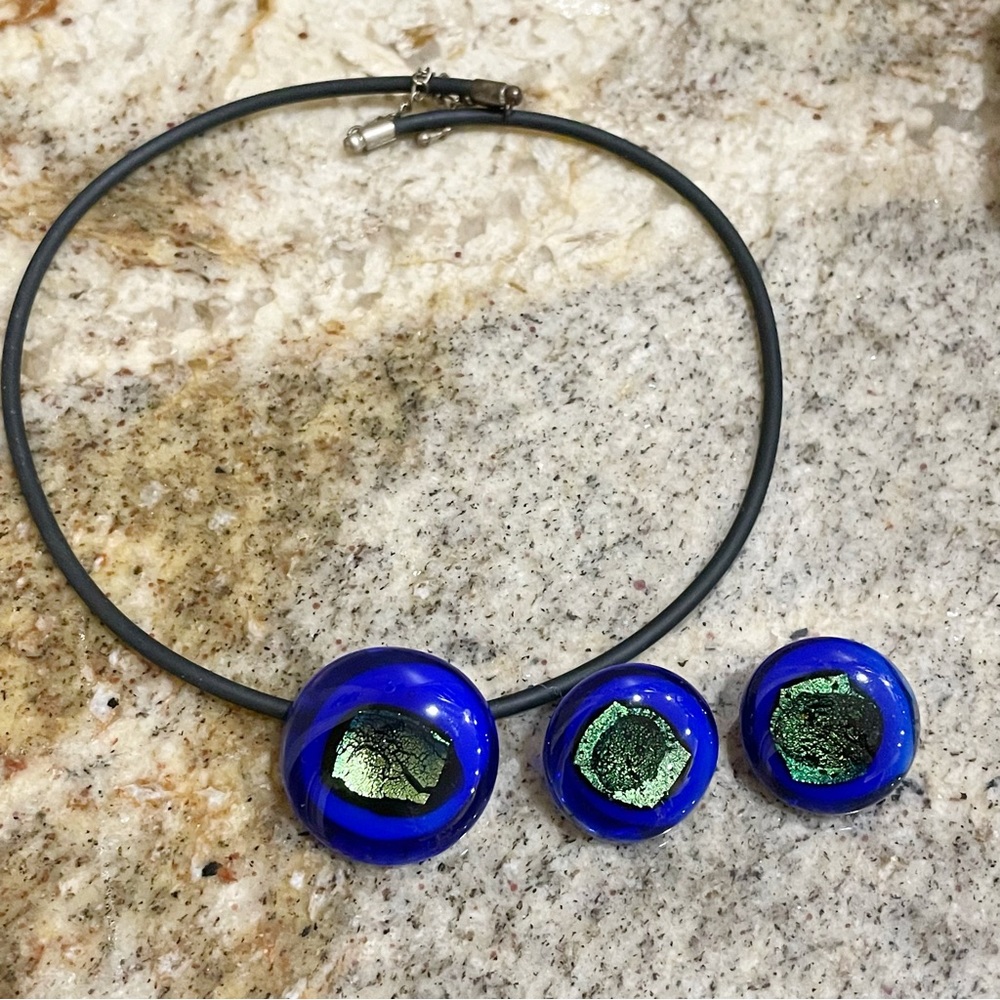Cobalt Blue Druzy Glass Pendant Necklace Matching Clip-on Earrings